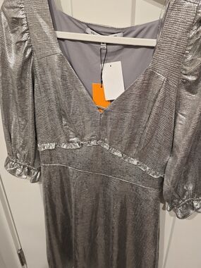Collective Concepts Metallic Silver V-Neck Midi Dress